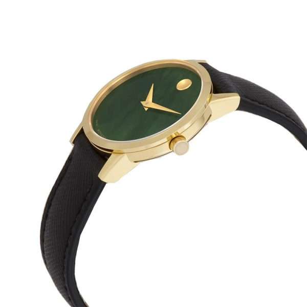 Movado Women’s Quartz Swiss Made Black Leather Strap Green Mother of Pearl Dial 28mm Watch 0607423