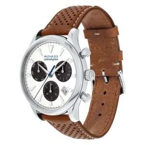 Movado Men’s Swiss Made Quartz Brown Leather Strap White Dial 43mm Watch 3650008