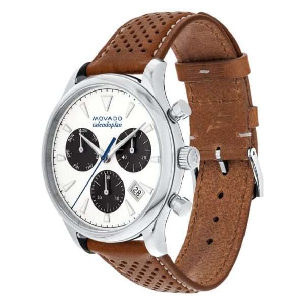 Movado Men’s Swiss Made Quartz Brown Leather Strap White Dial 43mm Watch 3650008