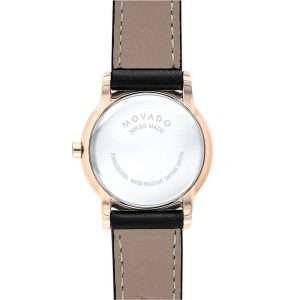 Movado Women’s Quartz Swiss Made Black Leather Strap Black Dial 28mm Watch 607276