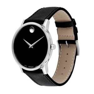 Movado Men’s Quartz Swiss Made Black Leather Strap Black Dial 40mm Watch 0607194