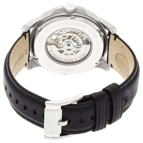 Fossil Men’s Automatic Black Leather Strap White Skeleton Dial 44mm Watch ME3053