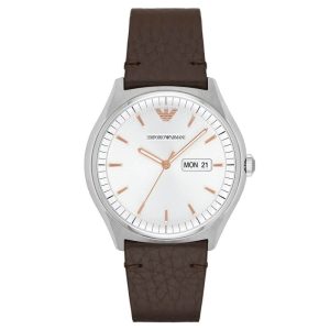 Emporio Armani Men’s Quartz Brown Leather Strap White Dial 43mm Watch AR1999