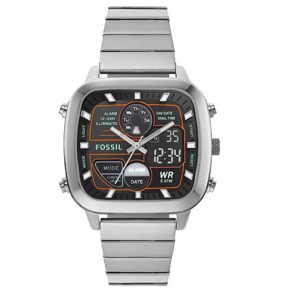 Fossil Men’s Analog & Digital Silver Stainless Steel Negative Display Dial 42mm Watch FS5890