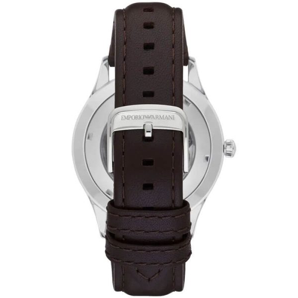 Emporio Armani Men’s Automatic Brown Leather Strap White Dial 43mm Watch AR1946