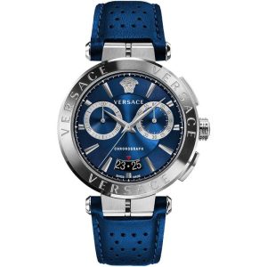 Versace Men’s Quartz Swiss Made Blue Leather Strap Blue Dial 45mm Watch VE1D01220
