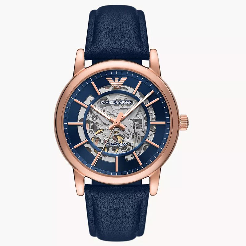 Emporio Armani Men’s Automatic Blue Leather Strap Blue Dial 43mm Watch ...