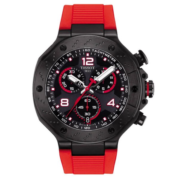 TISSOT T-Race Men’s Quartz Swiss Made Red Silicone Strap Black Dial 45mm Watch T141.417.37.057.01