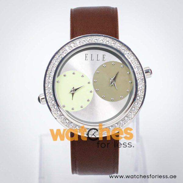 Elle Women’s Quartz Brown Leather Strap Silver Dial 41mm Dual Time Watch EL20038S34N