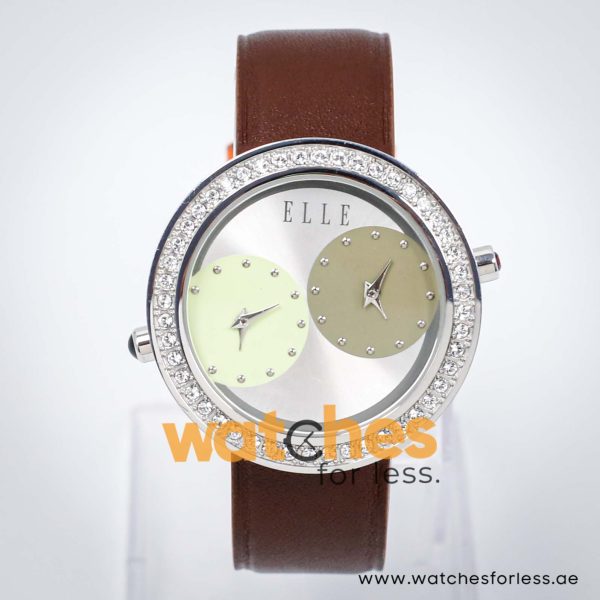 Elle Women’s Quartz Brown Leather Strap Silver Dial 41mm Dual Time Watch EL20038S34N