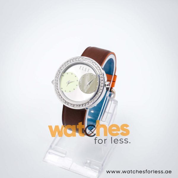 Elle Women’s Quartz Brown Leather Strap Silver Dial 41mm Dual Time Watch EL20038S34N