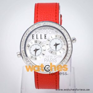 Elle Women’s Quartz Red Leather Strap White Dial 41mm Dual Time Watch EL20038S14N