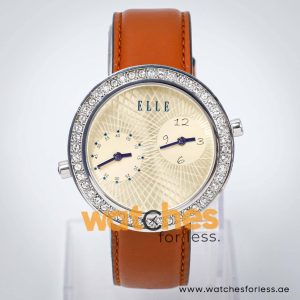 Elle Women’s Quartz Brown Leather Strap Gold Dial 41mm Dual Time Watch EL20038S47N