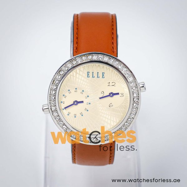 Elle Women’s Quartz Brown Leather Strap Gold Dial 41mm Dual Time Watch EL20038S47N