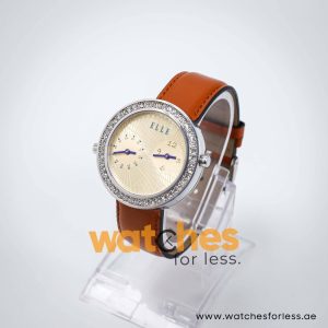 Elle Women’s Quartz Brown Leather Strap Gold Dial 41mm Dual Time Watch EL20038S47N