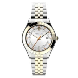 Versace Men’s Quartz Swiss Made Two Tone Stainless Steel Silver Dial 42mm Watch VEVK01121