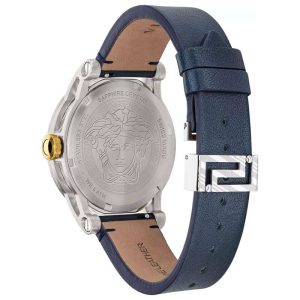 Versace Men’s Quartz Swiss Made Blue Leather Strap Silver Dial 41mm Watch VEPO00120