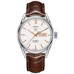 Tag Heuer Carrera Men’s Automatic Swiss Made Brown Leather Strap White Dial 41mm Watch WAR201D.FC6291