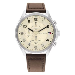 Tommy Hilfiger Men’s Quartz Brown Leather Strap Beige Dial 45mm Watch 1792003