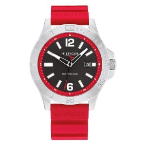 Tommy Hilfiger Men’s Quartz Red Silicone Strap Grey Dial 46mm Watch 1710540