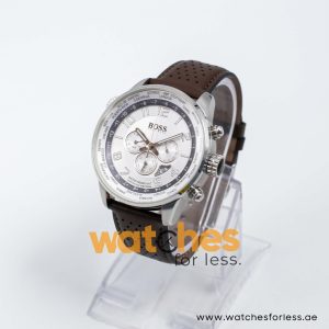 Hugo Boss Men’s Quartz Dark Brown Leather Strap Silver Sunray Dial 44mm Watch 1512739/1