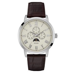 Guess Men’s Quartz Brown Leather Strap Off-White Dial 44mm Watch W0870G1