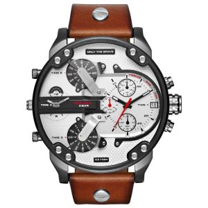 Diesel Men’s Quartz Brown Leather Strap Silver Dial 57mm (Four Time zone) Watch DZ7394