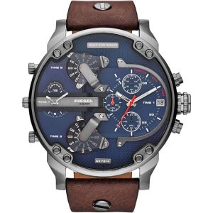 Diesel Men’s Quartz Brown Leather Strap Blue Dial 57mm Watch (Four Time Zone) DZ7314