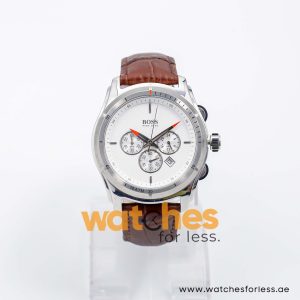 Hugo Boss Men’s Quartz Brown Leather Strap White Dial 44mm Watch 1512153/2