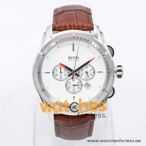 Hugo Boss Men’s Quartz Brown Leather Strap White Dial 44mm Watch 1512153/2