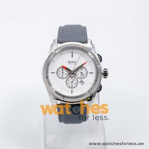 Hugo Boss Men’s Quartz Grey Leather Strap White Dial 44mm Watch 1512153/4