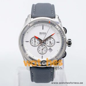 Hugo Boss Men’s Quartz Grey Leather Strap White Dial 44mm Watch 1512153/4