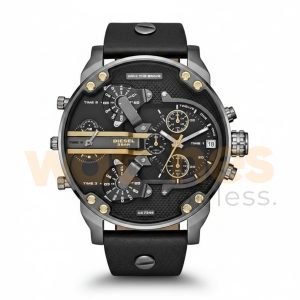 Diesel Men’s Quartz Black Leather Strap Black Dial 57mm (Four Time zone) Watch DZ7348