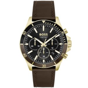 Hugo Boss Men’s Quartz Brown Leather Strap Black Dial 45mm Watch 1514100