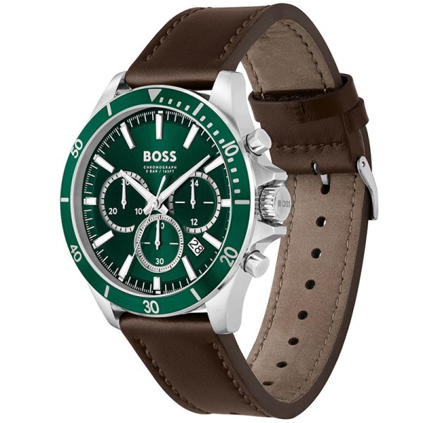 Hugo Boss Men’s Quartz Brown Leather Strap Green Dial 45mm Watch 1514098