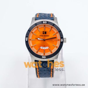 Hugo Boss Men’s Quartz Navy Blue Leather Strap Orange Dial 44mm Watch 1512531/1