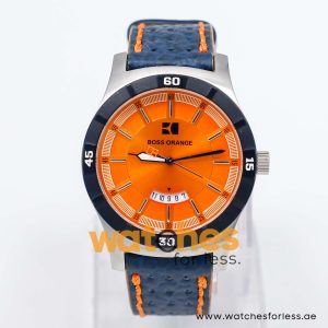 Hugo Boss Men’s Quartz Navy Blue Leather Strap Orange Dial 44mm Watch 1512531/1