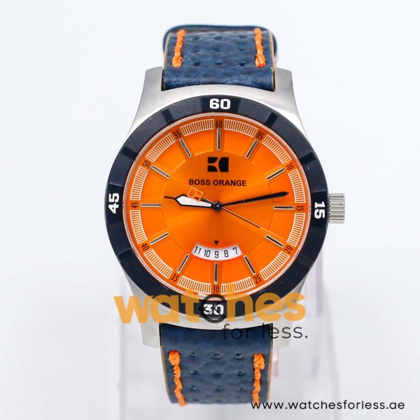 Hugo Boss Men’s Quartz Navy Blue Leather Strap Orange Dial 44mm Watch 1512531/1