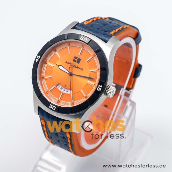 Hugo Boss Men’s Quartz Navy Blue Leather Strap Orange Dial 44mm Watch 1512531/1