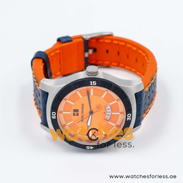 Hugo Boss Men’s Quartz Navy Blue Leather Strap Orange Dial 44mm Watch 1512531/1