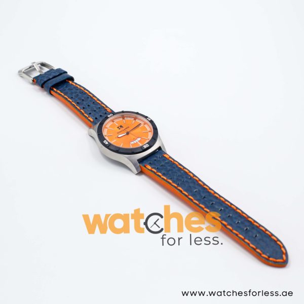 Hugo Boss Men’s Quartz Navy Blue Leather Strap Orange Dial 44mm Watch 1512531/1