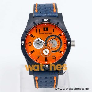 Hugo Boss Men’s Quartz Navy Blue Leather Strap Orange Dial 44mm Watch 1512537/2 UAE DUBAI AJMAN SHARJAH ABU DHABI RAS AL KHAIMA UMM UL QUWAIN ALAIN FUJAIRAH