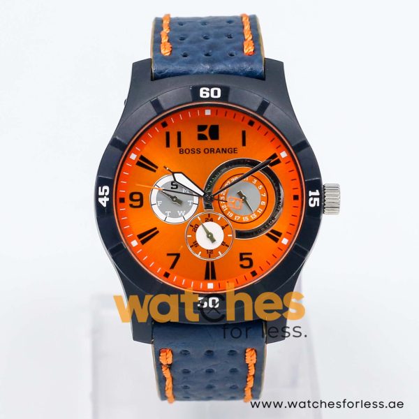 Hugo Boss Men’s Quartz Navy Blue Leather Strap Orange Dial 44mm Watch 1512537/2