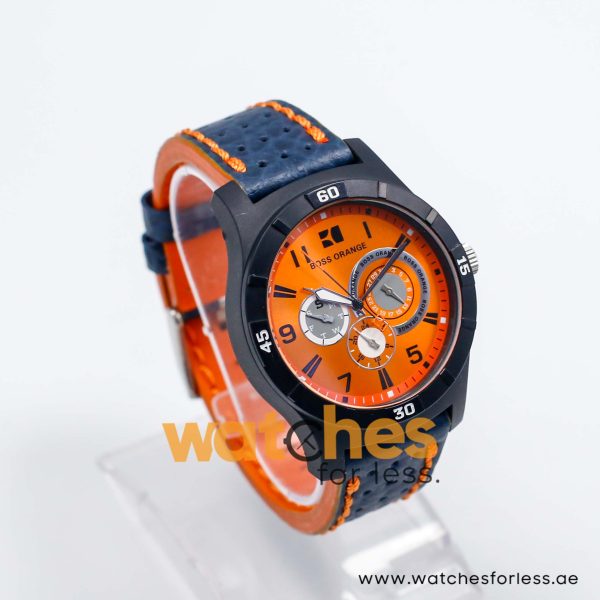 Hugo Boss Men’s Quartz Navy Blue Leather Strap Orange Dial 44mm Watch 1512537/2