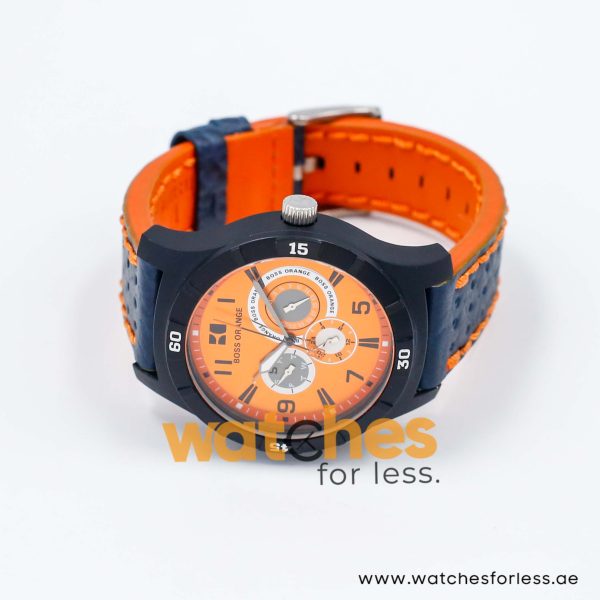 Hugo Boss Men’s Quartz Navy Blue Leather Strap Orange Dial 44mm Watch 1512537/2