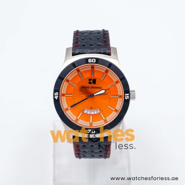 Hugo Boss Men’s Quartz Black Leather Strap Orange Dial 44mm Watch 1512531/2