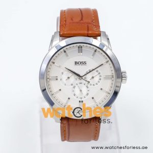 Hugo Boss Men’s Quartz Brown Leather Strap Silver Sunray Dial 44mm Watch 1512892/1