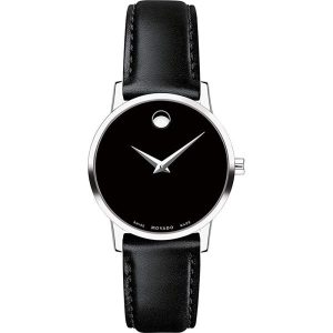 Movado Women’s Swiss Made Quartz Black Leather Strap Black Dial 28mm Watch 0607274