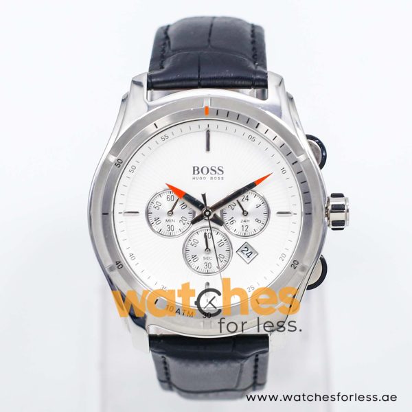 Hugo Boss Men’s Quartz Black Leather Strap White Dial 44mm Watch 1512153/6