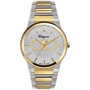 Ferragamo Swiss Made Quartz Two Tone Stainless Steel Silver Dial 41mm Watch SFHP520